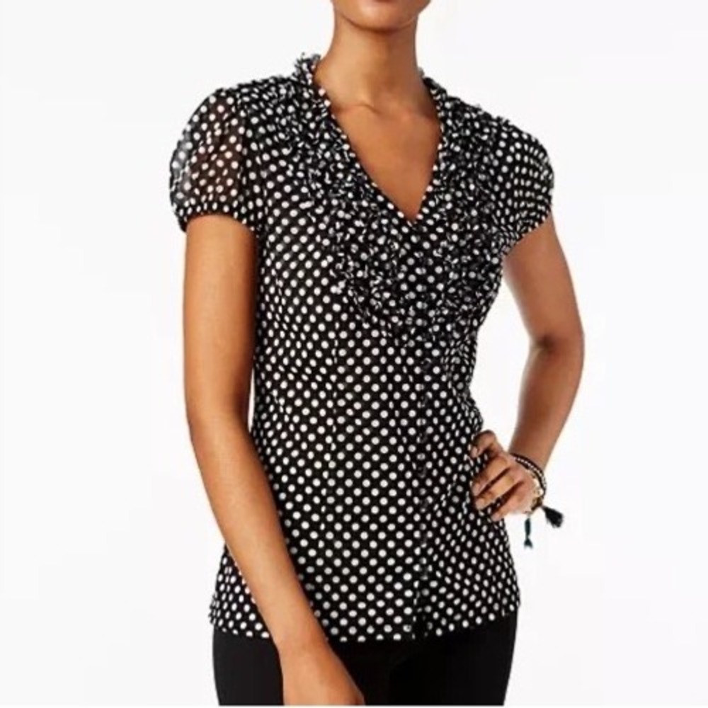 INC International Concepts Navy Polka Dot Ruffle Mesh Blouse XL Coquette Girly